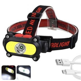 Фонарь налобный BL-210-ХРЕ+COB, Waterproof, встроеный аккумулятор, ЗУ micro USB