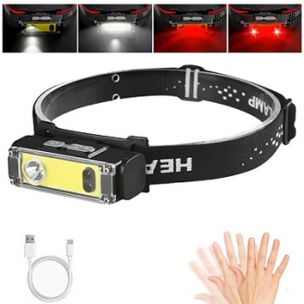 Фонарь налобный BL-T124-ХРЕ+COB(White+Red), датчик движения, 1x18650, ЗУ Type-C