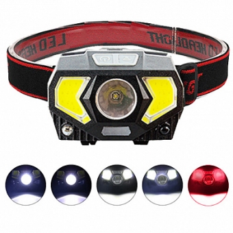 Фонарь на лоб W-7707/JQ-2201-XPE-2COB(red)+ 1LED(blue) датчик движения, вело крепление, ЗУ micro USB, аккум.
